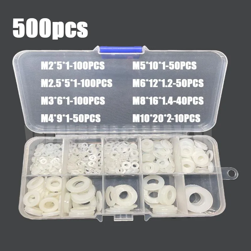 

500Pcs/Box M2 M2.5 M3 M4 M5 M6 M8 M10 White Plastic Nylon Washer Flat Spacer Washer Seals Gasket O Ring Assortment Kit