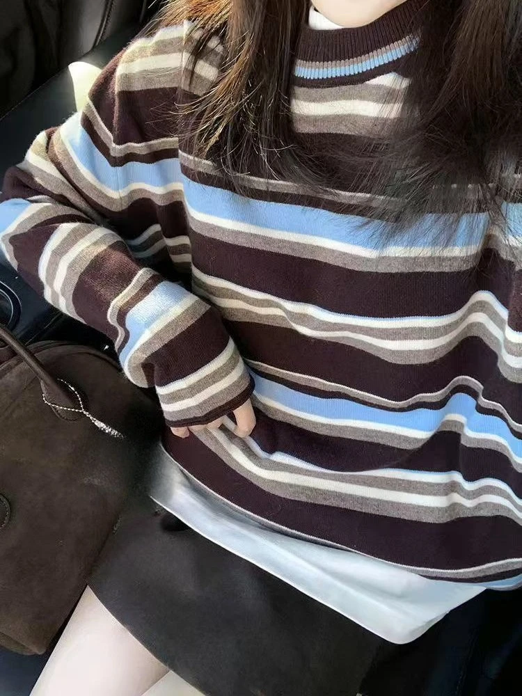 

Американский винтажный свитер в милую полоску, вязаный лоскутный свитер с длинными рукавами и буквенным узором, модный повседневный пуловер, женский осенний