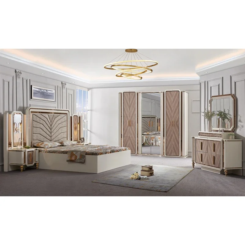 

#Luxury royal king bedroom set elegant oversized Turkish style gold mirror luminous bedroom furniture cheap
