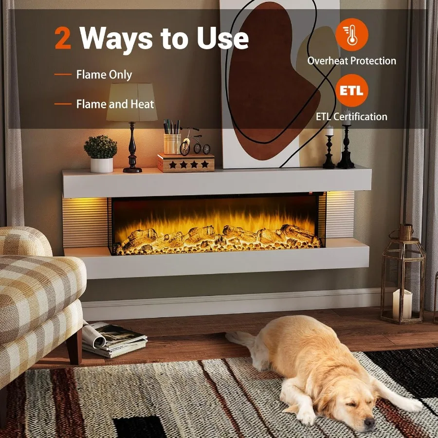 Camino elettrico da parete da 36 pollici con mensola galleggiante da 50 pollici e telecomando Design su 3 lati con 12 Ambie regolabili