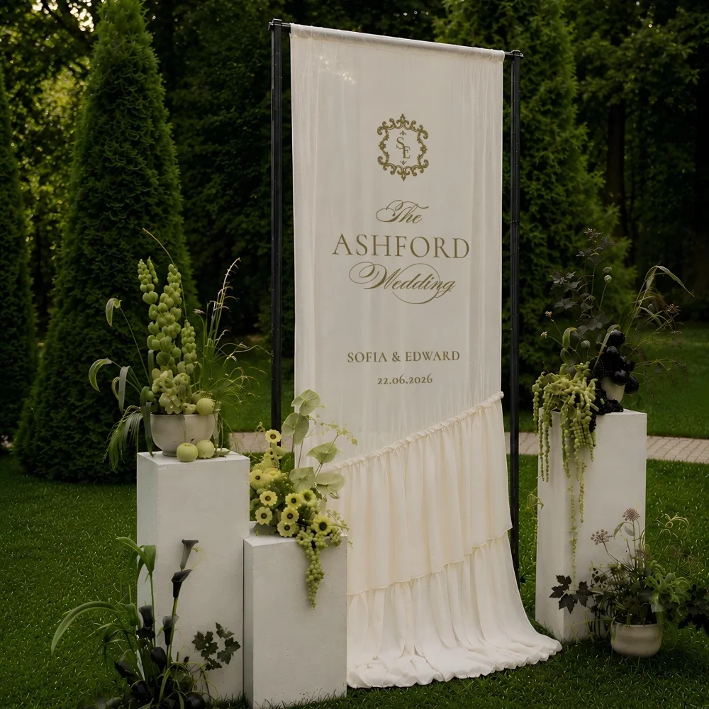 Custom Ruffled Chiffon Fabric Wedding Welcome Sign, Personalized Wedding Entrance Banner, Romantic Reception Ceremony Decor
