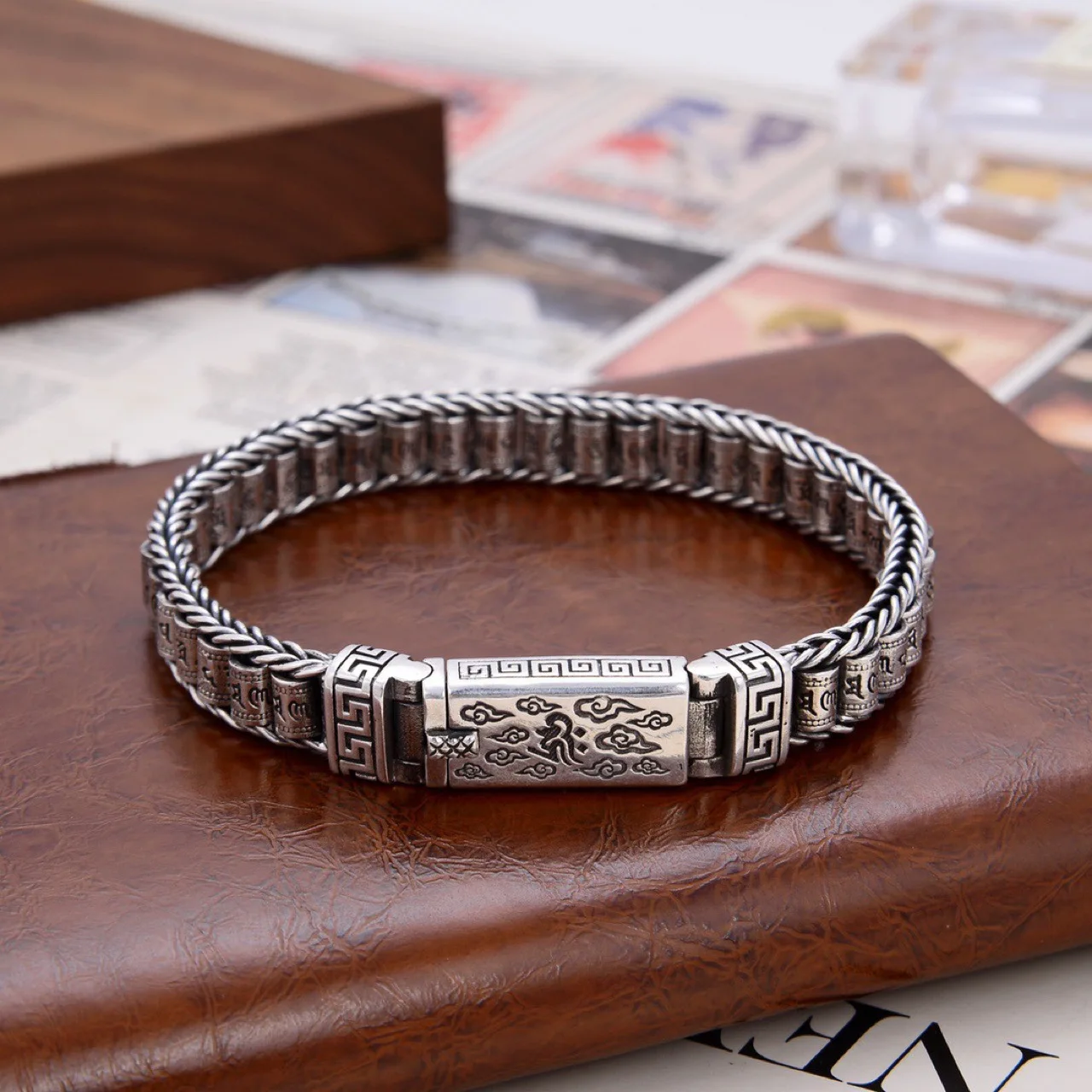 Handmade Lulutong Sutra Tube Bracelet Sterling Silver Male and Female Transfer Beads Six Words True Words Personality China-Chic