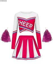 Women's Long Sleeve Cheerleader Cosplay Costume With Pompon Sexy Student Stage Music Performance Dresses Halloween Party Uniform