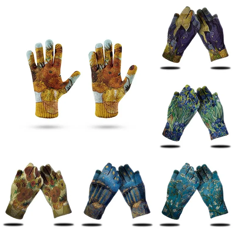 Guantes de punto con estampado al óleo para hombre y mujer, manoplas de alta calidad con patrón de Van Gogh para jardín, guantes de invierno para