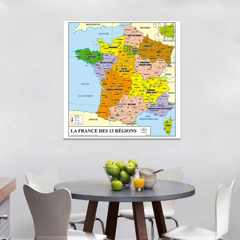 90*90cm Political Map of The France In French Non-woven Canvas Painting Wall Poster Classroom Home Decor School Supplies