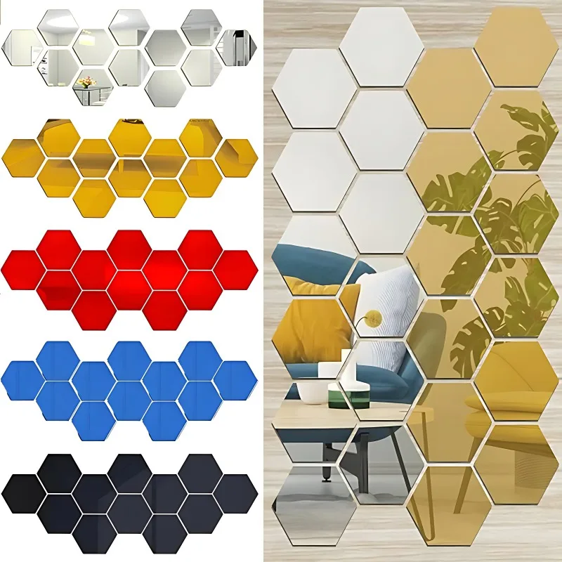 6/48pcs 3D Mirror Wall Stickers Hexagon Shape Acrylic Removable Wall Sticker Decal DIY Home Decoration Art Mirror Ornaments