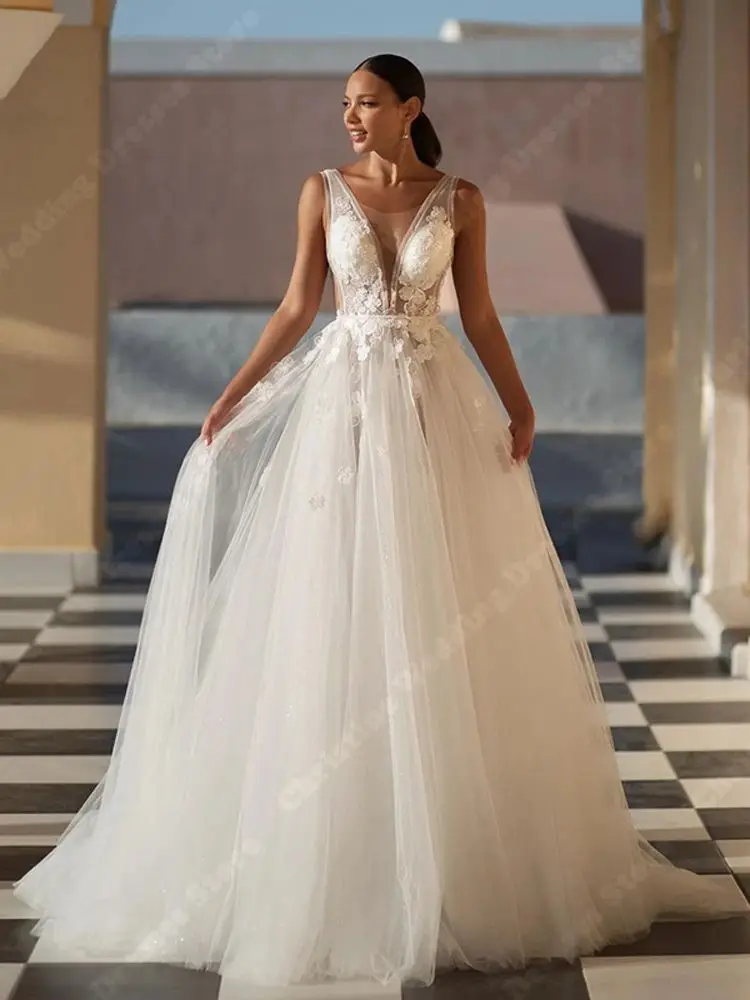 Robe de mariée bohème élégante à col en V profond pour femmes, robe à manches de surface en tulle, sur mesure, quelle que soit la longueur de vadrouille