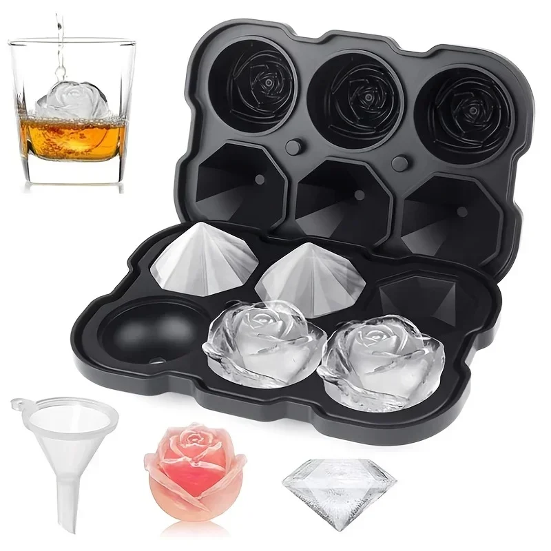 Cubo de hielo de rosa de diamante de silicona de primera calidad, molde para cubitos de hielo de rosa de 6 diamantes, bandeja de hielo de whisky de silicona de calidad alimentaria para Bar, cóctel de oficina