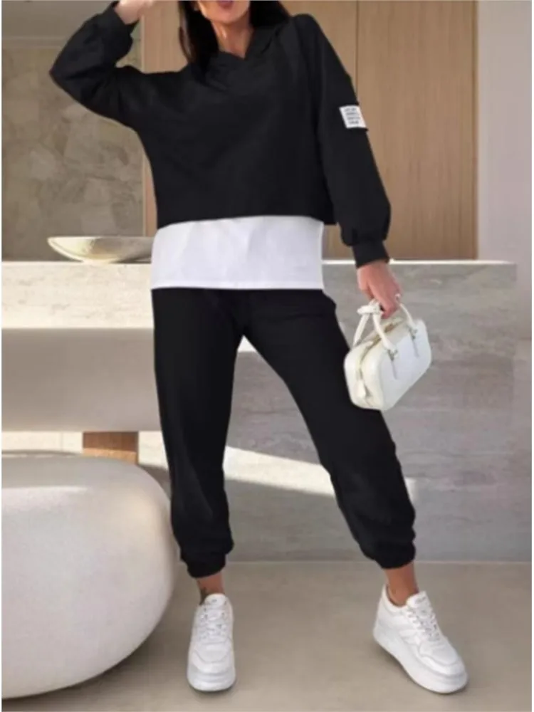 Casual Two Fakes Sweatshirt Two-piece Set For Woman Fashion Hooded Hood Pullovers  Skinny Pants Suit Autumn Winter Lady Outfit