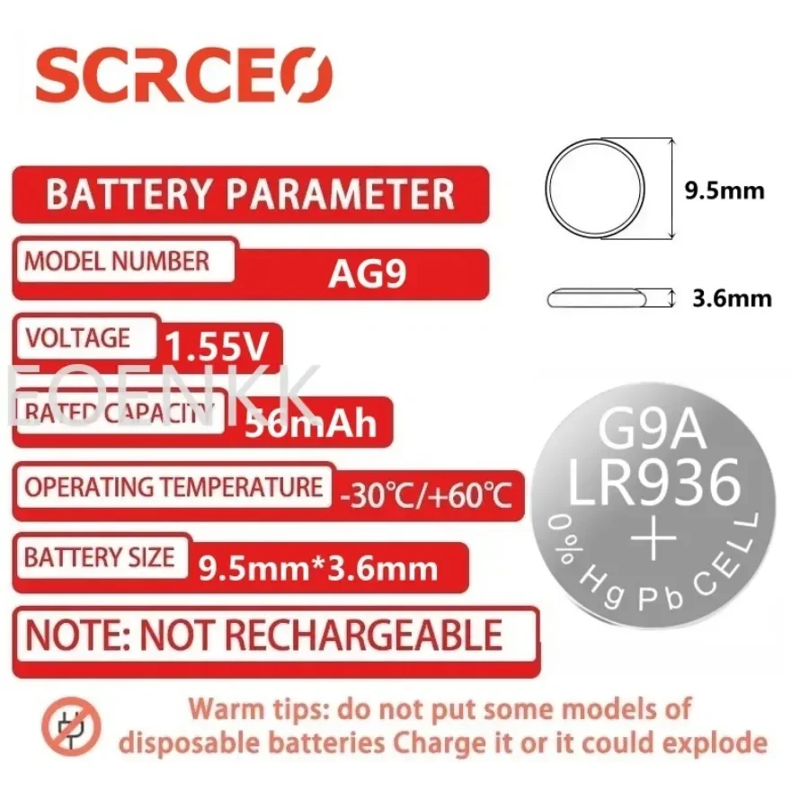 Alkaline Button Cell Battery AG9 SR936SW 394 1.55V Replacement for Watches Hearing Aids Calculators Thermometers Toys 1PCS