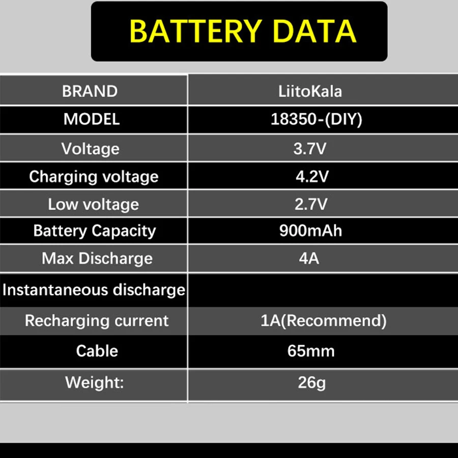 1-20PCS Liitokala 3.7V ICR 18350 900mAh power rechargeable lithium battery Max discharge 4A+DIY