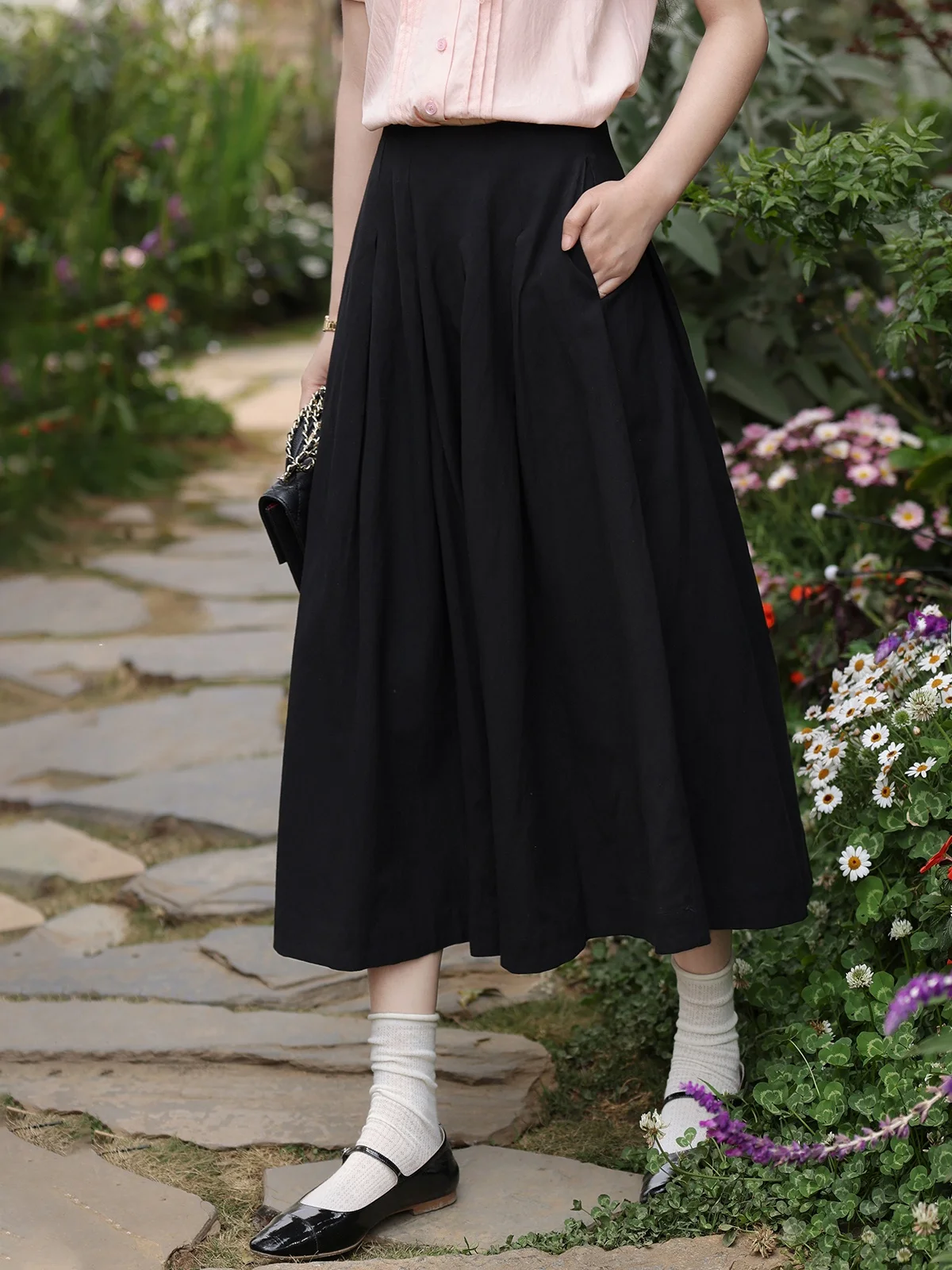 

High Waist A-Line Skirt Bla Wide Hem Gored Skirt Women's Summer New Sle Slimming Skirt by Deer South Honey Peach