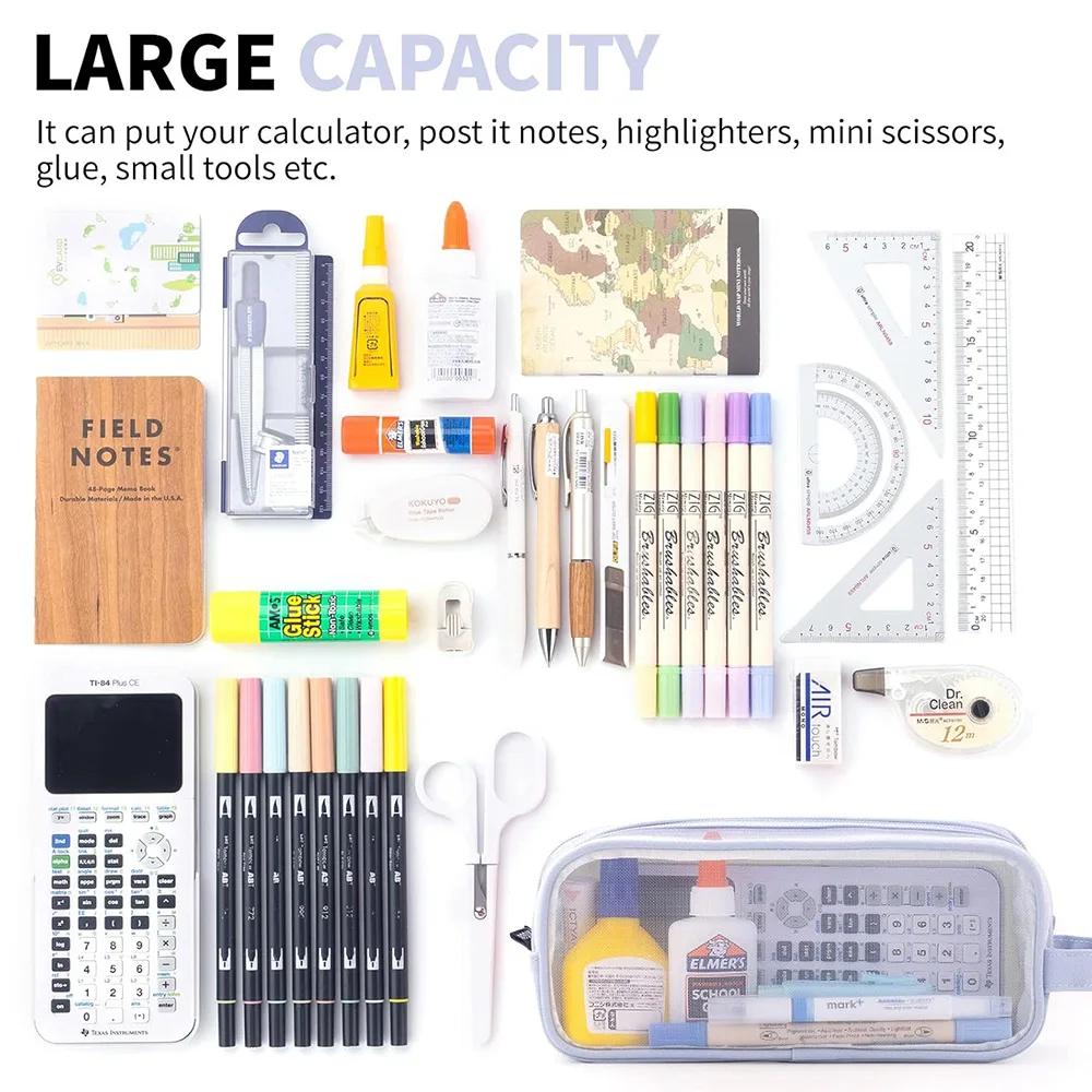 Large Mesh Pencil Case Double Layer Transparent Pencil Pouch, Handheld Multifunctional Cosmetic Bag, Suitable for School Office