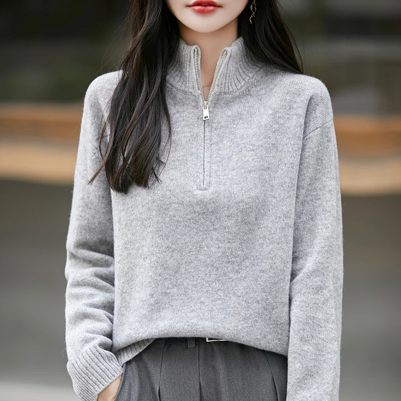 100% Pure Wool Women's Woolen Turtleneck Solid Color Half-Zip Pullover Autumn/Winter Thickened Casual Knit Loose Sweater