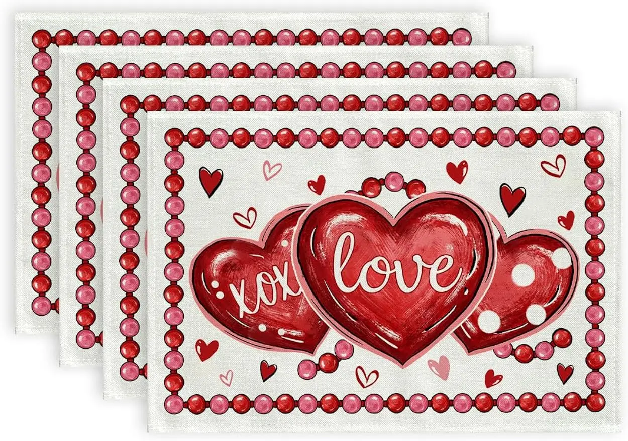 

Valentine's Day Placemats 12x18 Inch Hearts XOXO Love Farmhouse Holiday Kitchen Dining Table Decoration for Indoor Outdoor