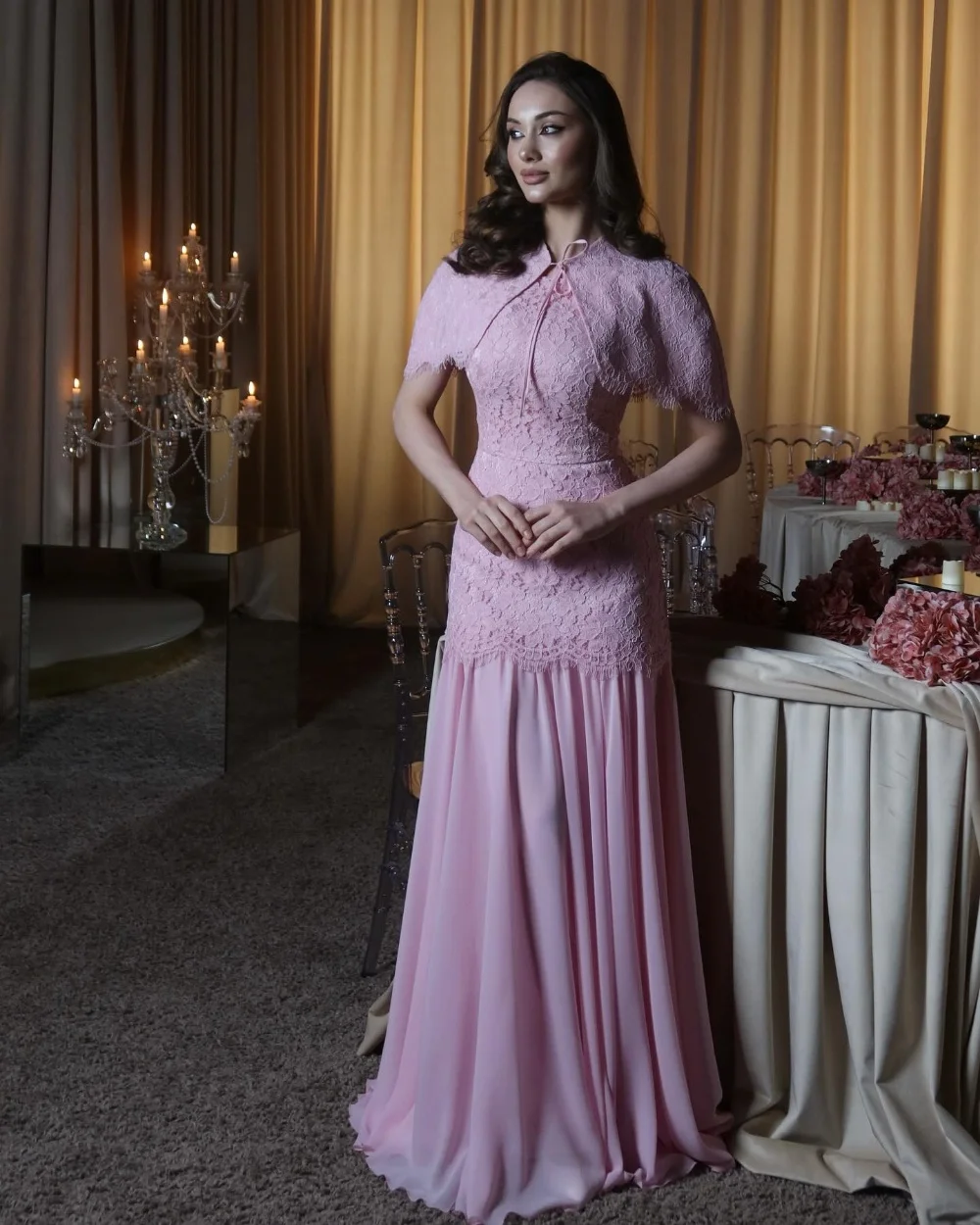 

Customized Exquisite Classic Jersey Pleat Lace A-line High Collar Long Dresses Evening Dresses for Woman Sizes Available