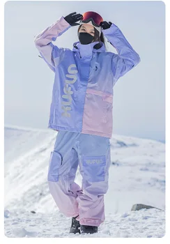 Farbverlauf Skianzug Mädchen Wasserdicht Warm Lose Baumwolle Clip Snowboard Rosa Lila Frau Erwachsene Männer Winter Outdoor Jacke Mantel Hosen