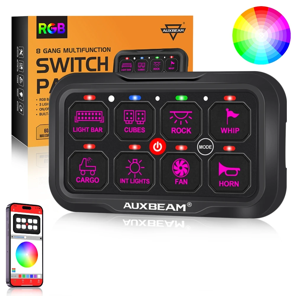 AUXBEAM 8 Gangs RGB LED On-Off Switch Panel bluetooth APP Control Universal Lights Electronic Power Relay Control System AR-800