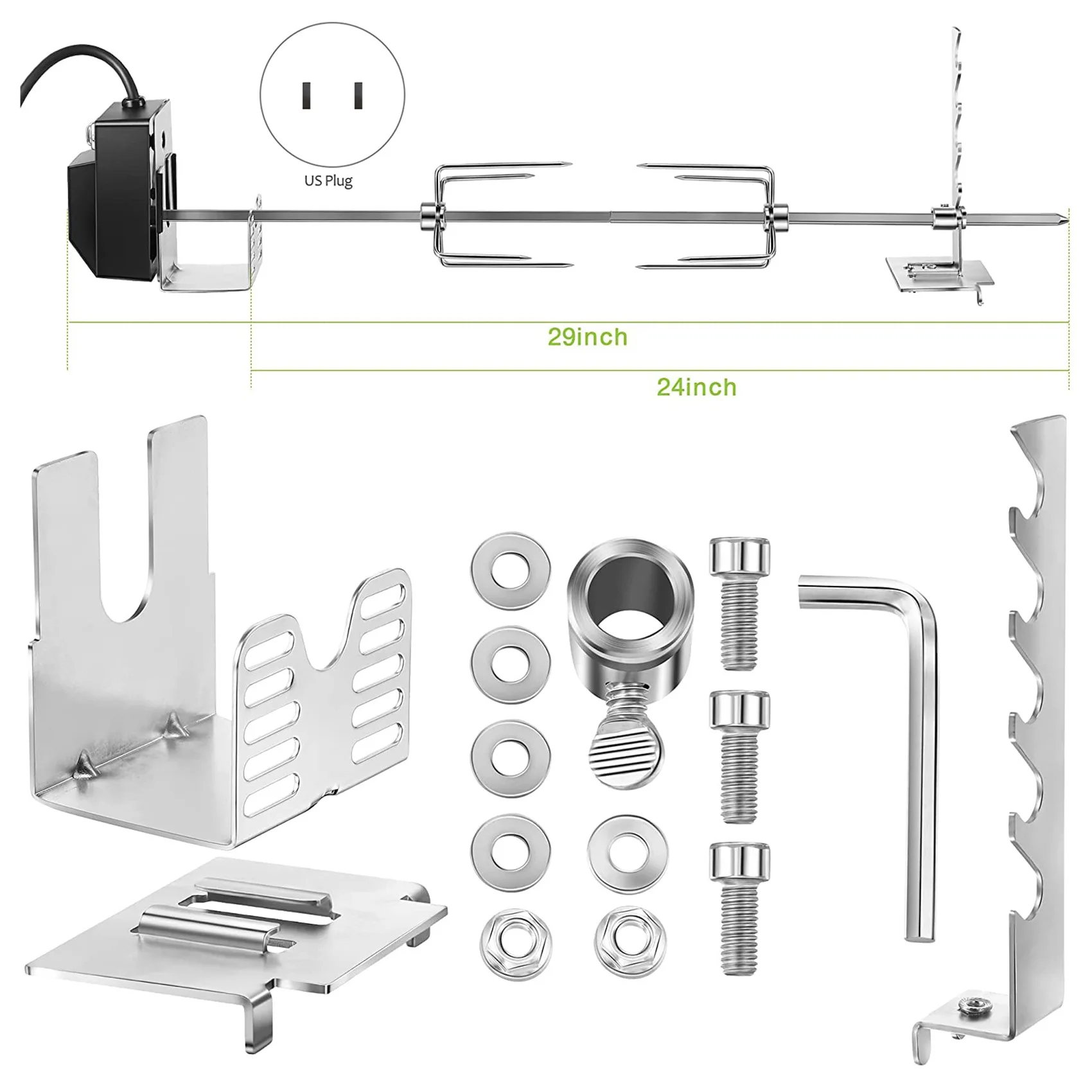 Rotisserie Grill Kit Universal Grill with 71.12 cm Rod Complete Bracket and Universal Grill Fixing Screws-US Plug