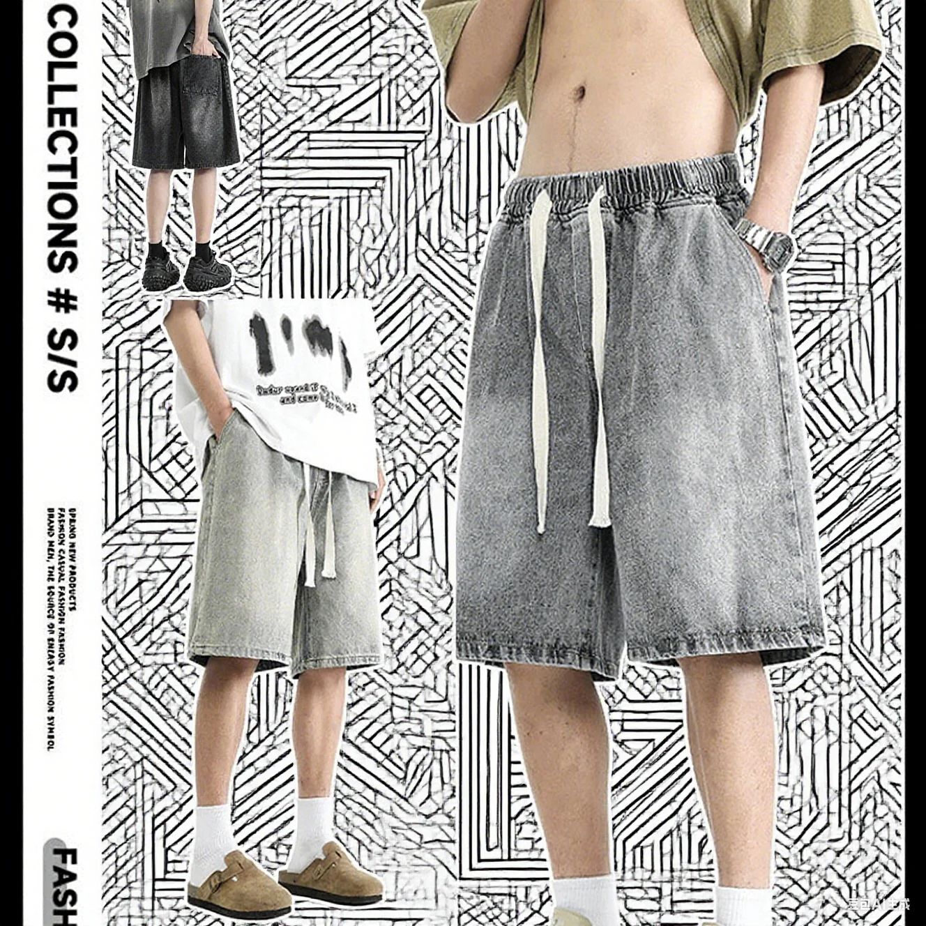 

2025 New Tethered Fashionable Loose-fit Straight-leg Denim Shorts Simple Solid Color Casual Versatile Men's Five-point Pants