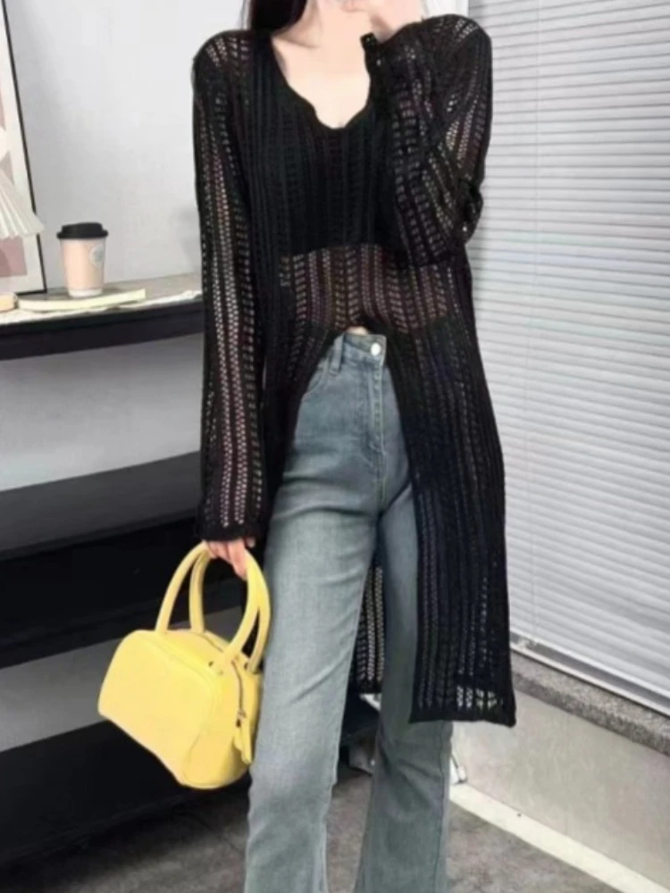 Spring Autumn V-neck Split Knitted Thin Long Shirt Women Fashion Hollow Out Casual Long Sleeve Sunscreen Tops Elegant Blouse Top