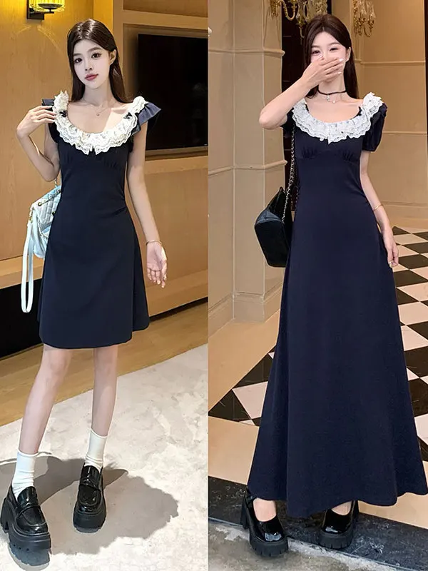 

plus Size Lace Splice Hollow out ort Sve Dr Women's Summer New Waist Cinching Meat Covering Long Dr Commute Sle