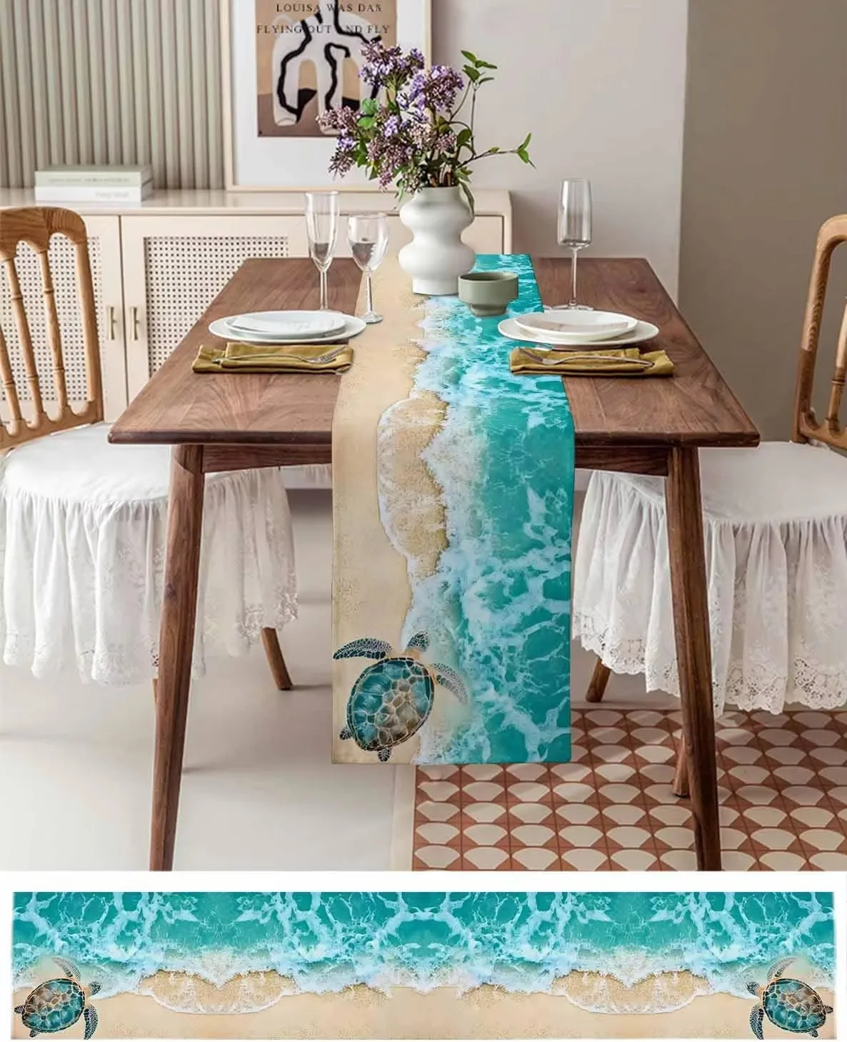 Turquoise Sea Turtle Beach Wave Linen Table Runner, Summer Ocean Decor for Kitchen Dining Table Home Setting