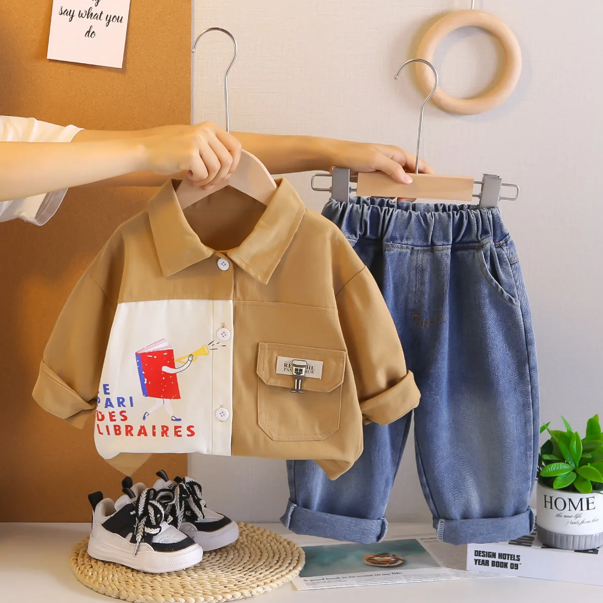 Autumn Boys Set Fashionable Toddler Outfit 2-Piec Color Block Work Shirt & Pants Korean Style Casual Loose Fit for Kids  123