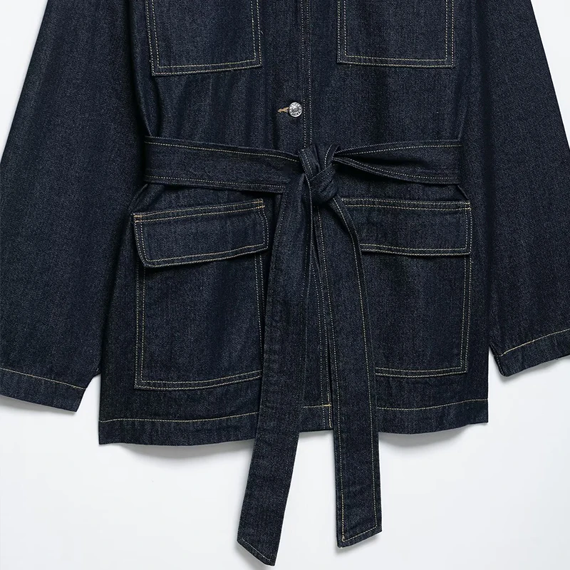

Summer 2025 Women's Sle Design Waist-Tie Slim Fit Denim Jaet Stand Collar Belted Waist Casual Loose Polyester Fiber
