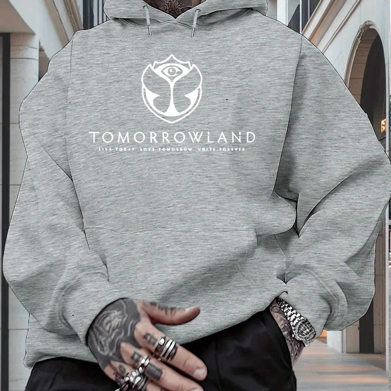 2026Men'S Hoodie with _TOMORROWLAND_ Graphic - Casual Pullover Sweatshirt Long Sleeve Regular Fit Fall_Winter Casual Wear Hoodie
