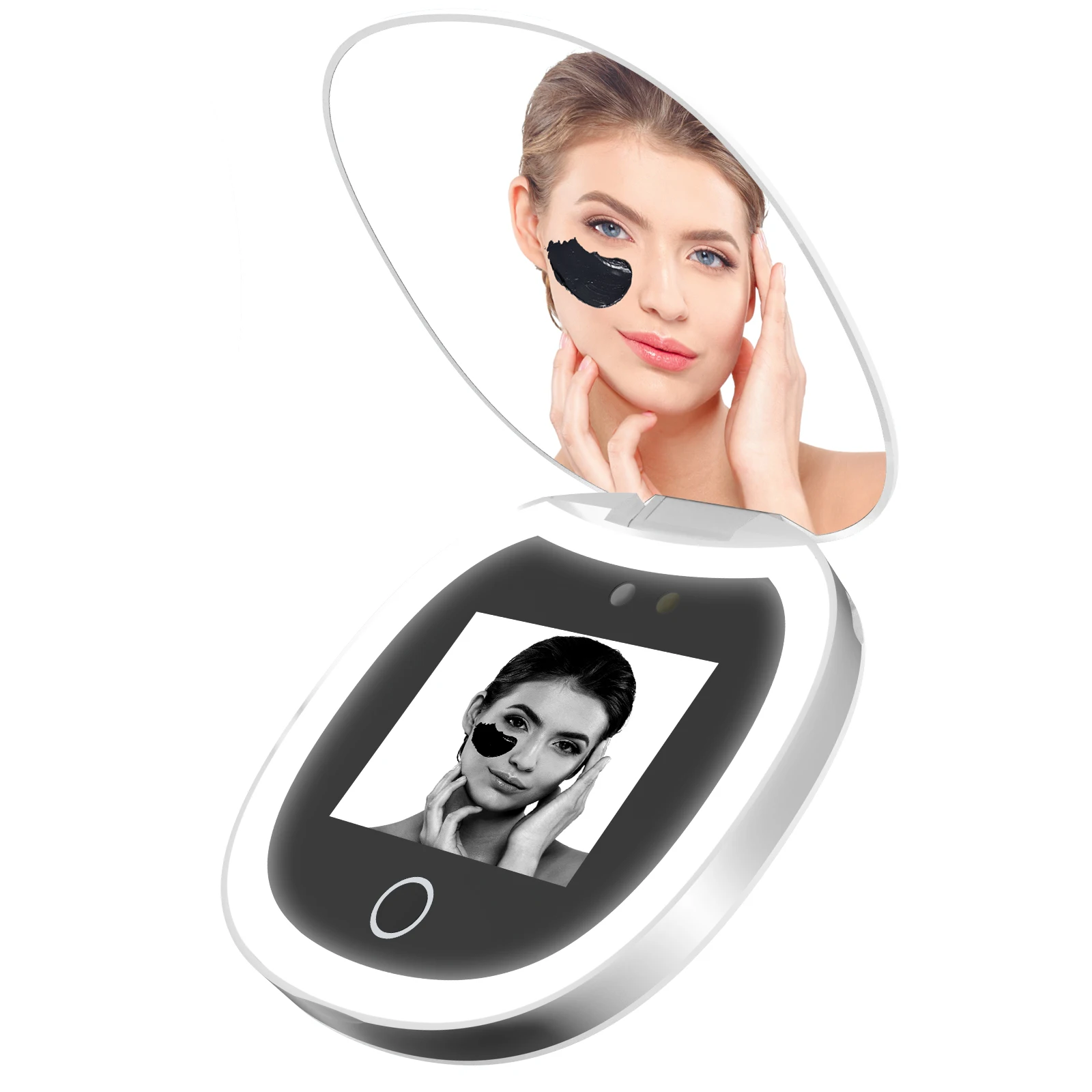 Travel Compact Mirror with UV Camera, 2X Magnification Portable UV Mirror with Lights Checking Facial Sunscreen LED Makeup Mirro