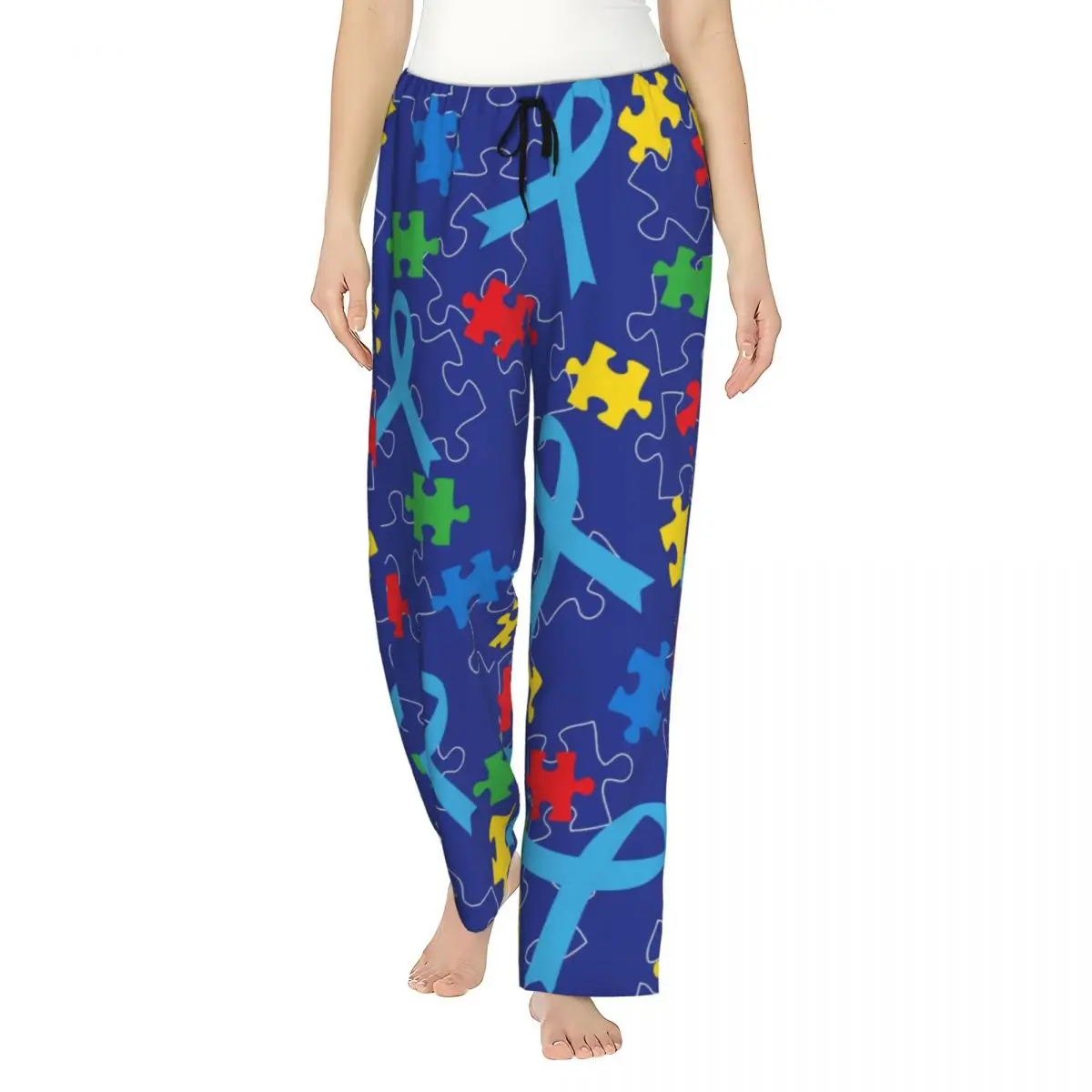 Custom Autism Puzzle Piece Ribbon Pattern Pajama Pants Womens Sleepwear Lounge Sleep Bottoms Stretch with Pockets