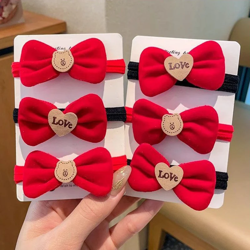 

4PCS/Set Red Cartoon Bow Hair Ropes for Princess Girl New French Sweet Bowknot Kids Rubber Bands Cute Girl New Year Headwear