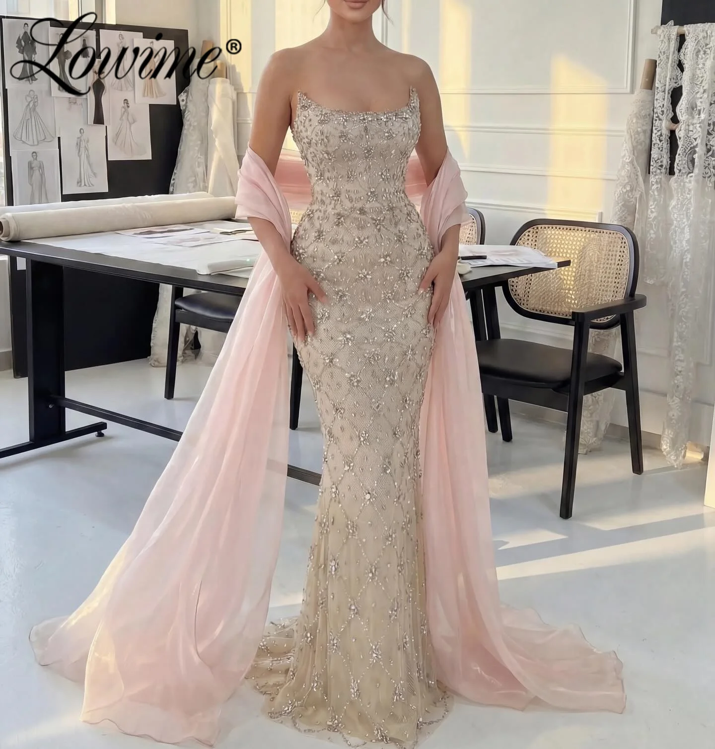 

Robe 2026 Elegant Strapless Diamond Evening Dresses Heavy Beaded Mermaid Prom Dress With Pink Shawl Arabic Party Gown Customized