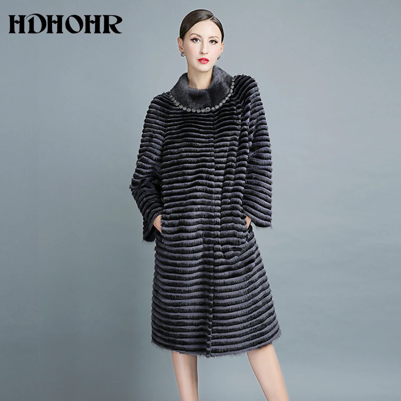 HDHOHR 2024 High Quality Natural Mink Fur Coat Women Winter Warm Fox Fur Decorate Knitted Real Mink Fur Jacket Fashion Female