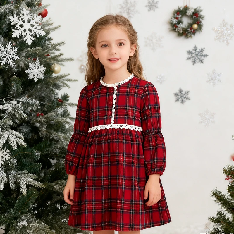 

2025 Christmas Children Clothes 2-6Yrs Girl Party Dress Long Sleeves Grid Kids Princess Dresses New Year Clothing Sister Dress