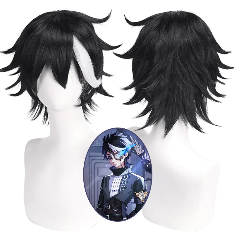 

Synthetic Short Fluffy Black White Highlight Wig for Cosplay Anime Party Halloween Natural Looking