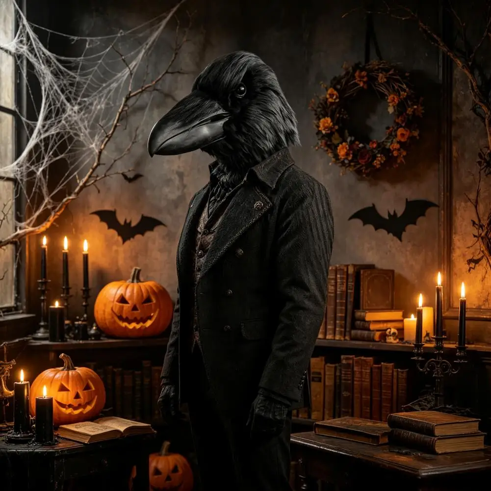 Halloween Crow Mask, Realistic Plush Bird Full Head Latex Mask, Vintage Steampunk Cosplay Costume, Long Beak Mask - view 5