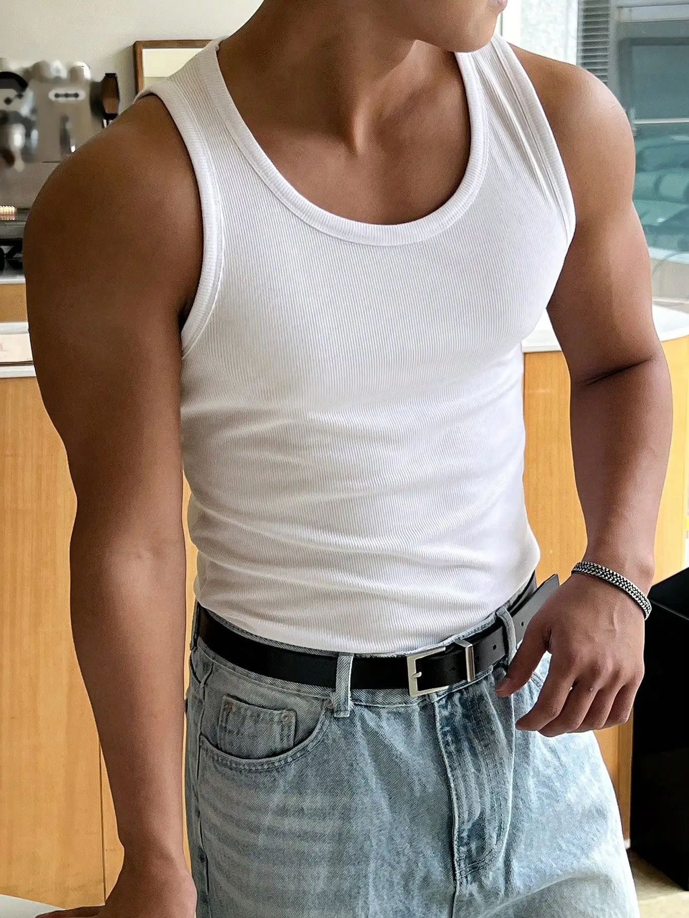 

Men's White Ribbed Tank Top - Slim Fit, Breathable & Lightweight for Summer Casual Wear