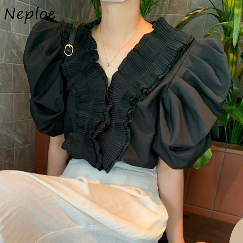 Neploe French Court Style Shirts Summer New Women Blusas V-neck Patchwork Pleated Ruffles Design Loose Puff Sleeve Blouses