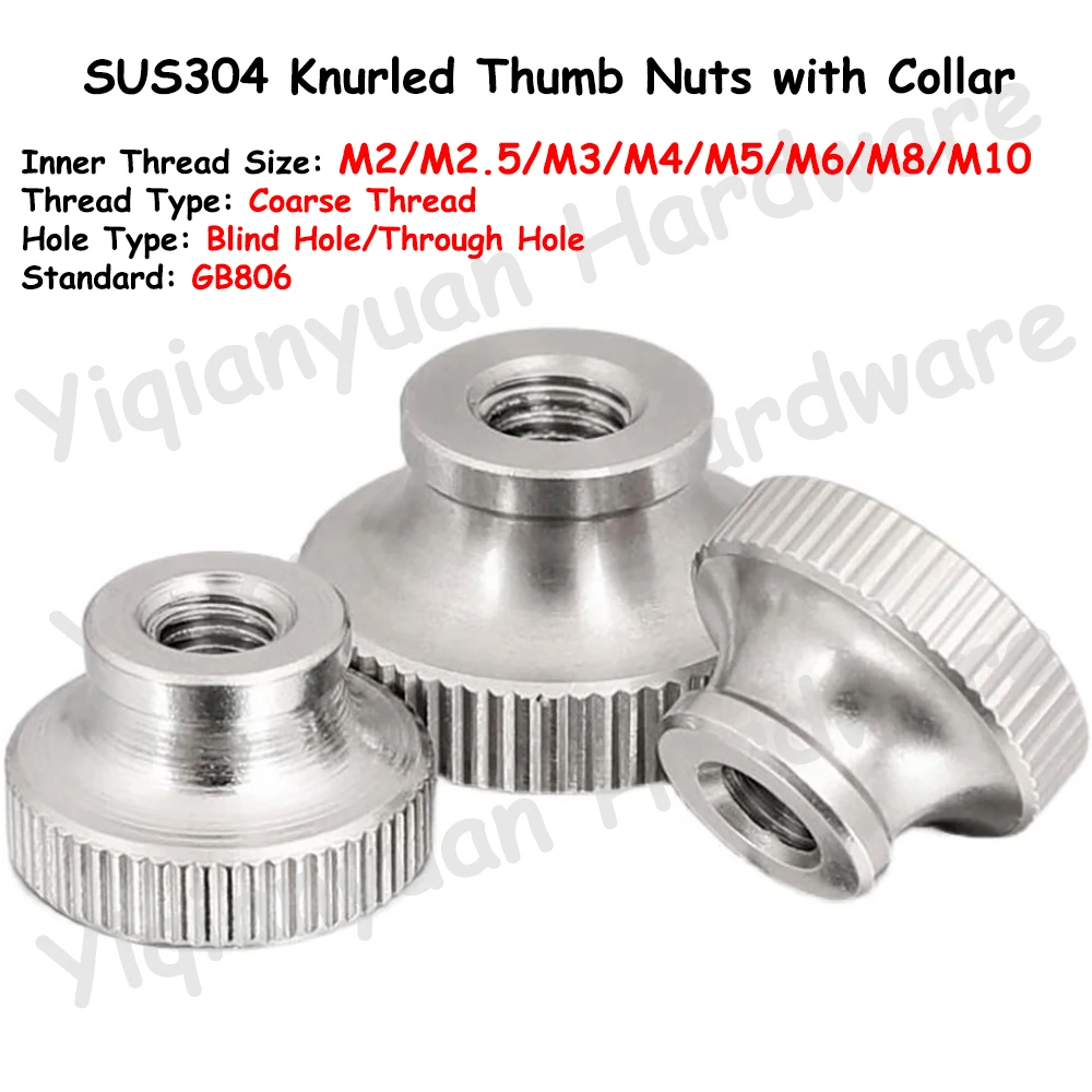 GB806 SUS304 Stainless Steel Knurled Thumb Nut with Collar Blind Hole and Through Hole 3D Printers Parts Curtain Wall Decorative