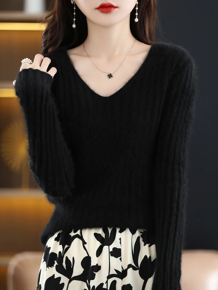 ADDONEE Women Mink Cashmere Sweater V-neck Pullover Autumn Winter Basic Bottom Sweater 100% Mink Cashmere Knitwear Soft Clothing