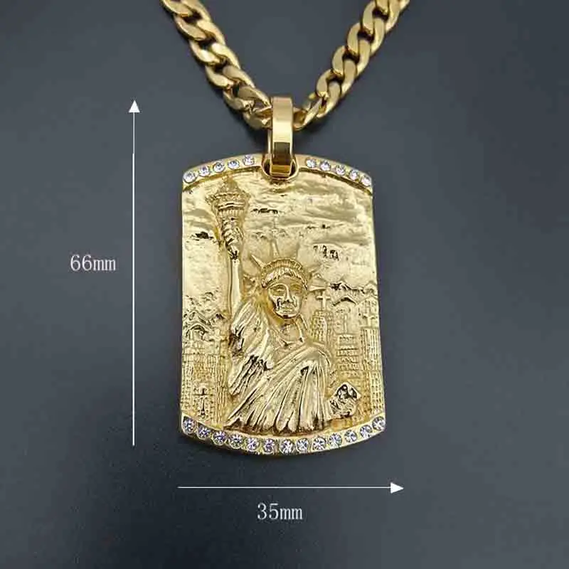 Hip Hop Bling Iced Out Solid Stainless Steel Statue of Liberty Square Pendants Necklaces Men Rapper jewelry with Cuban Chain