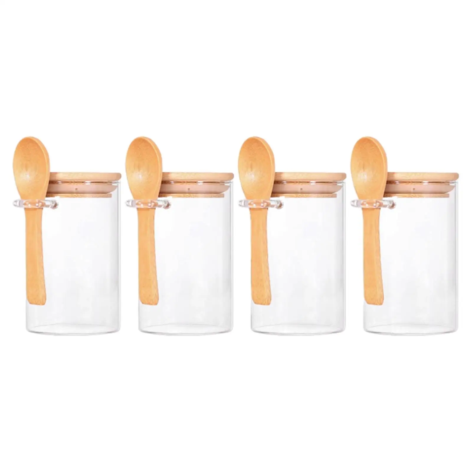 Set of 4 Glass Jars with Bamboo Lids and Wooden Spoons for Candy Sugar Flour