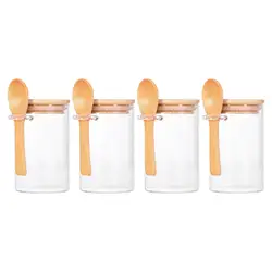 Set of 4 Glass Jars with Bamboo Lids and Wooden Spoons for Candy Sugar Flour