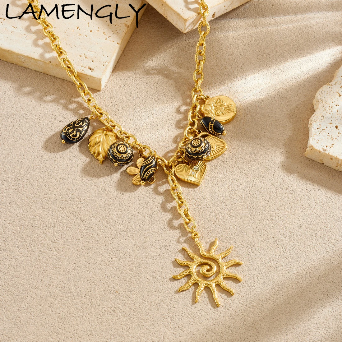 

LAMENGLY 316L Stainless Steel Gothic Style Flower Leaf Heart Lock Spiral Sun Tassel Pendant Necklace Lady Creative Jewelry Gifts
