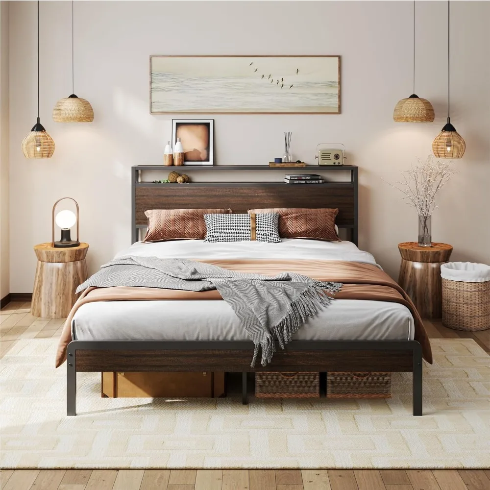 LIKIMIO Estructura de cama tamaño queen con cabecero, Camas Queen de madera oscura con soportes fuertes, resistente, sin ruido, sin necesidad de somier, Da