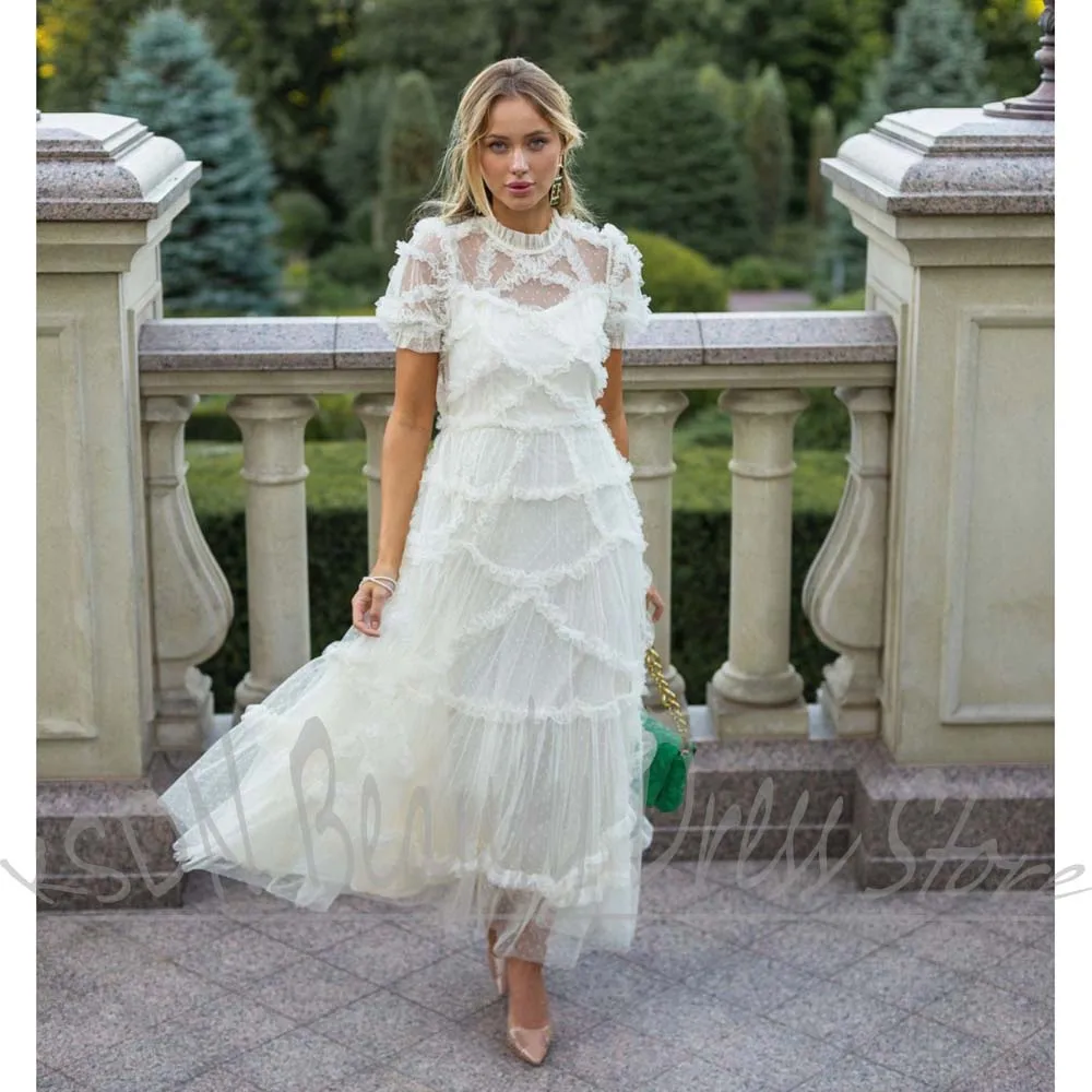 

Elegant Dot Women Dresses O-Neck Short Sleeves Pleated Long Gowns Chic Ruched Ankle Length A-Line Evening Party Dresses