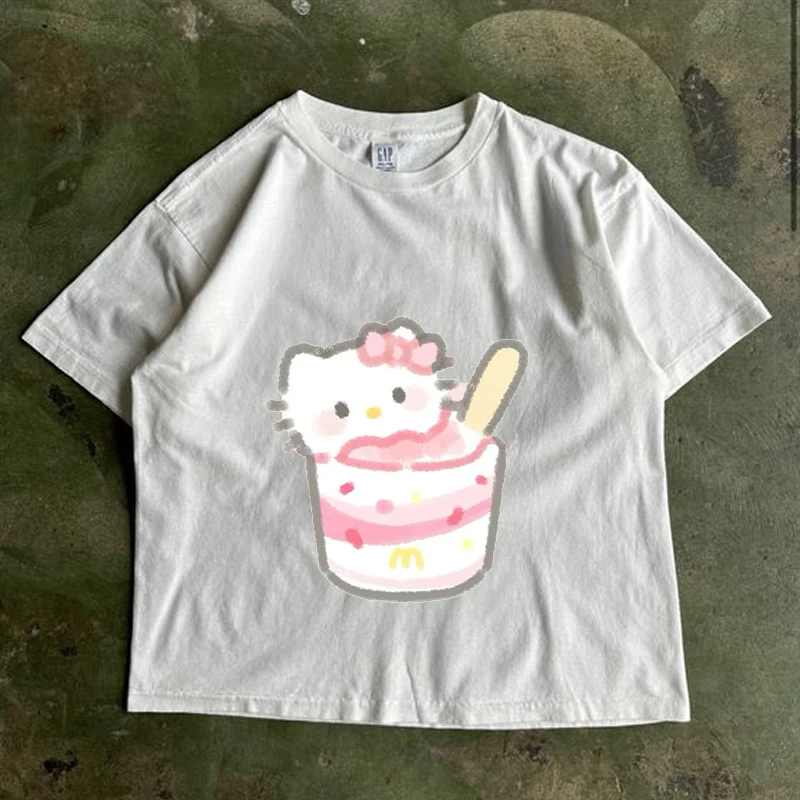 American Retro Summer Sanrio Hello Kitty Kuromi T-Shirts Print Kawaii Summer Clothes For  Y2k Girls Anime Female Clothing Tops