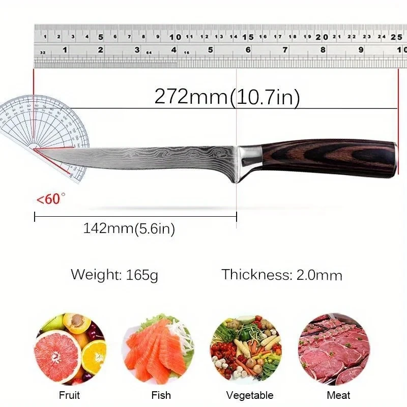 Kitchen Boning Knife Damascus Laser Pattern Butcher Knife Stainless Steel Bone Meat Fish Fruit Vegetables Chef Knife with Cover